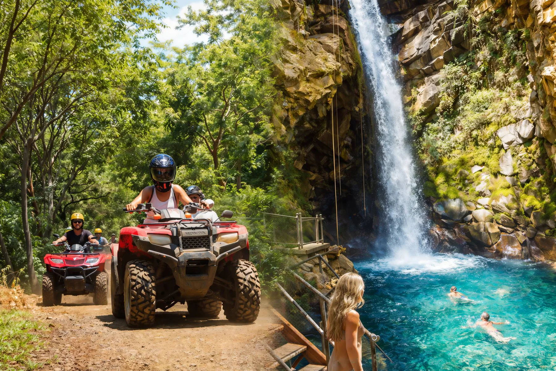 ATV riders traveling a forest trail near a Costa Rica waterfall
