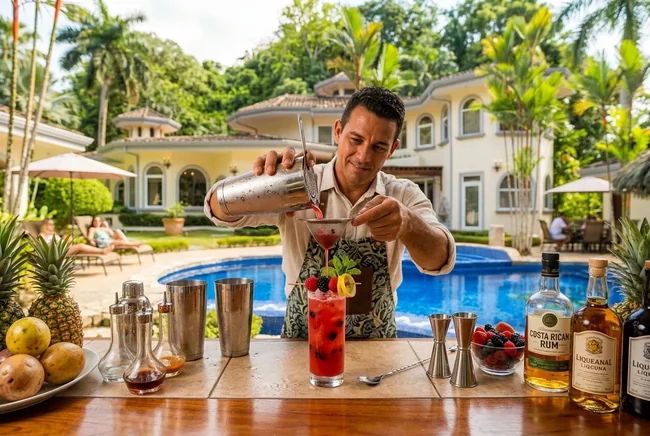 Professional mixologist preparing handcrafted tropical cocktails at Harmon House poolside bar in Los Sueños