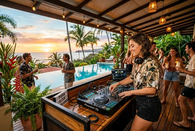 Professional in-house DJ performing a sunset poolside set at a luxury tropical villa in Jacó