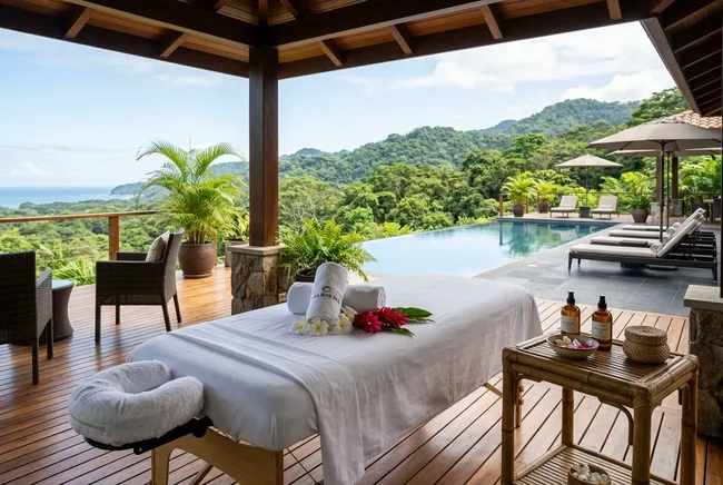 Serene in-villa massage and spa therapy setup overlooking the pool at Casa Blue Sail in Los Sueños