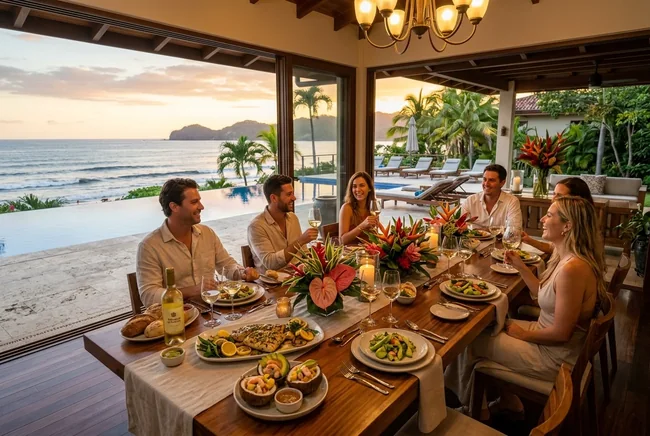 Private chef gourmet in-villa dining table setup with sunset ocean views in Jacó Costa Rica